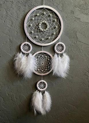Белый ловец снов на 5 колец. декор для дома. подарок. амулет