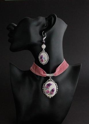 Рожеві фіолетові бузкові сережки з рожевим кварцем та аметистом у вінтажному стилі7 фото