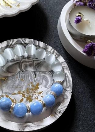 Браслет з натурального каміння аквамарин та кошаче око