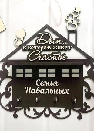 Дерев'яна ключниця "будинок, в якому живе щастя" 30,6х28,5х6 см коричнева2 фото