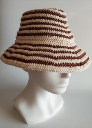 Вязаная крючком женская шляпа федора, летняя шляпка с полями, хлопковая полосатая шапочка панама9 фото