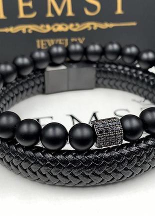 Комплект браслетов из кожи с черной застежкой и шунгита с черным многогранником (12054)3 фото