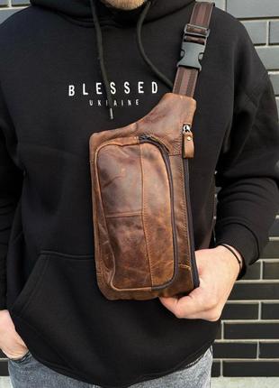 Мужская кожаная сумка-бананка на пояс st leather a27f-427-7a коричневая
