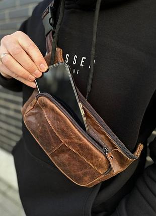 Мужская кожаная сумка-бананка на пояс st leather a27f-427-7a коричневая