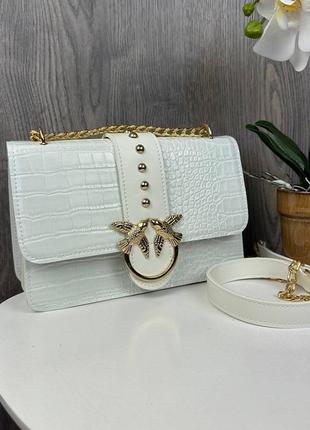 Женская мини сумочка клатч под рептилию с птичками, маленькая сумка на цепочке с птицами пинко 836