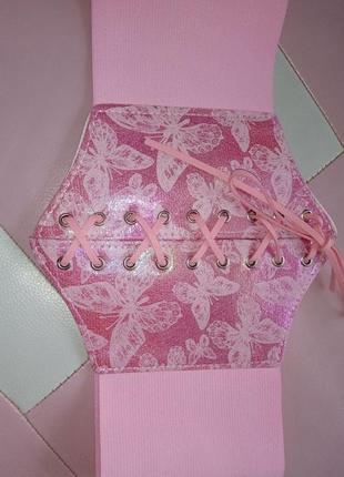 Розовый пояс корсет с бабочками на липучке с переливом мерцания блестящий3 фото