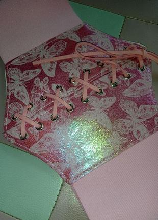 Розовый пояс корсет с бабочками на липучке с переливом мерцания блестящий5 фото