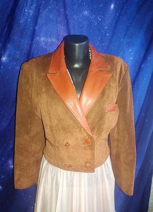Винтажный щумшевый жакет с кожаным воротником и пуговицами
