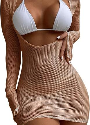 Жіночий в'язаний купальний костюм cover up dress сексуальна пляжна туніка сукня