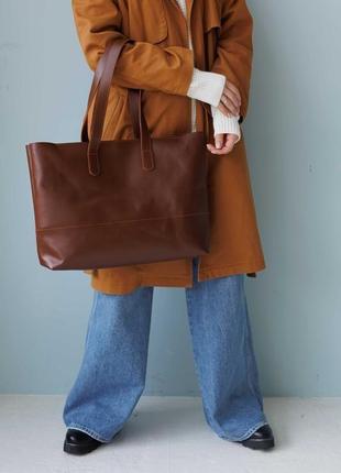 Вместительная женская сумка шоппер коньячного цвета из натуральной полуматовой кожи3 фото