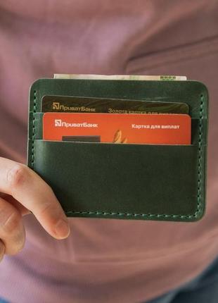 Кожаный картхолдер, мини кошелек для карточек из натуральной кожи зеленый5 фото