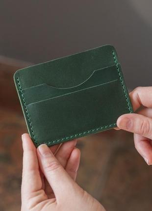 Кожаный картхолдер, мини кошелек для карточек из натуральной кожи зеленый4 фото