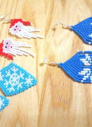 Сережки з бісеру "сині сніжинки" 3