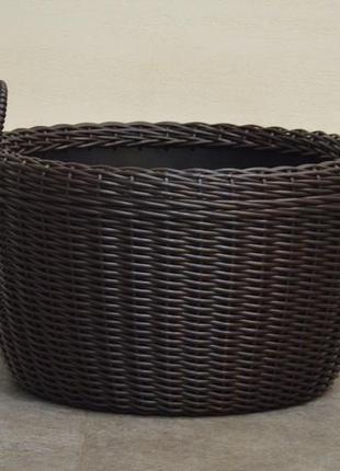 Корзина для дров плетеная (дровница) из искусственного ротанга ручной работы. цвет венге. 60 литров8 фото