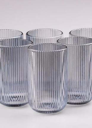 Стакан для напитков высокий фигурный прозрачный ребристый из толстого стекла набор 6 шт голубой