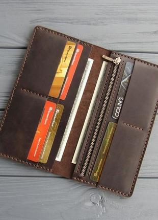 Мужской кожаный кошелек-клатч, большое вместительное мужское портмоне из кожи_шоколад2 фото