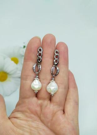Сережки підвіски з перлами shell pearl3 фото