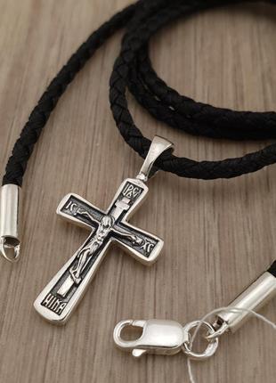 Освячений! срібний хрестик з цепочкою із шовку. кулон хрест та шовковий шнурок зі срібним замком. 55 см
