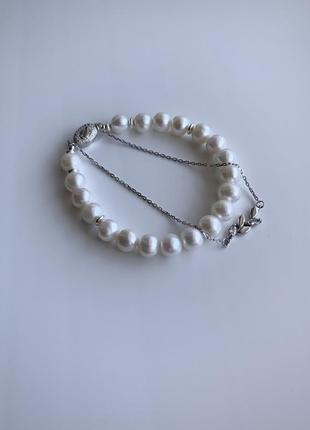 Срібний подвійний браслет із ланцюжком із натуральних перлів "перлівниця"6 фото