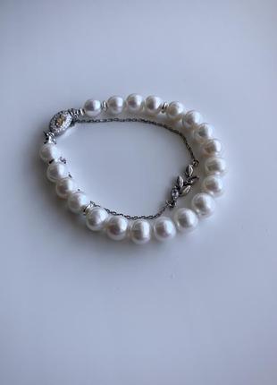 Срібний подвійний браслет із ланцюжком із натуральних перлів "перлівниця"2 фото