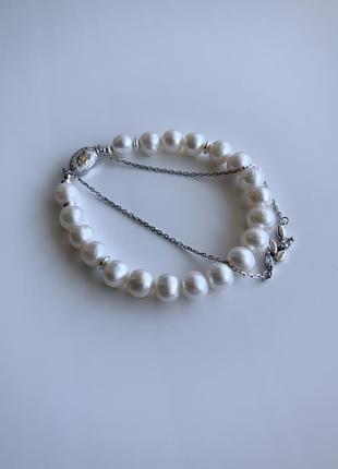 Серебряный двойной браслет с цепочкой из натурального жемчуга  "жемчужница"