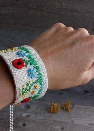 Синій червоний браслет манжет з польовими квітами українську прикраси бохо етно4 фото