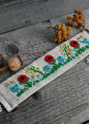 Синій червоний браслет манжет з польовими квітами українську прикраси бохо етно5 фото
