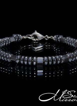 Браслет унісекс з намистин гематиту зі сріблом на ювелірному тросі