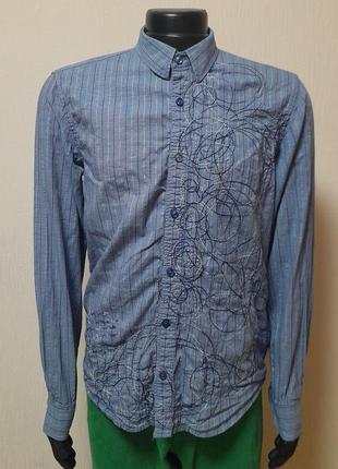 Стильна бавовняна сорочка фіолетового кольору в смужку з фірмовою вишивкою desigual