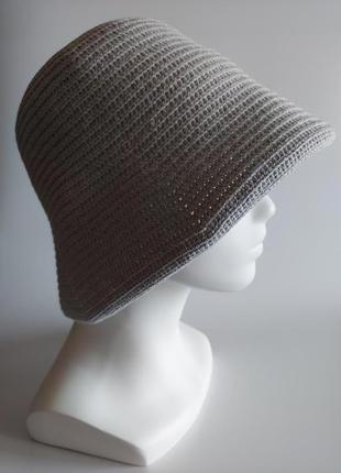 Мягкая женская шляпка-клош вязаная крючком из хлопка, стильная летняя панама "серый коттон-джинс"