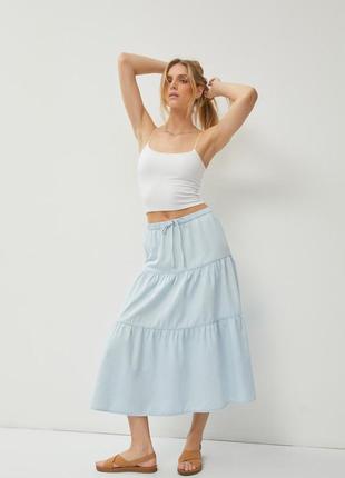 Многоярусная длинная летняя юбка h&m вискоза светло голубая на завязках широкая три яруса клеш мятный резинке ярусная макси миди однотонная с кистями