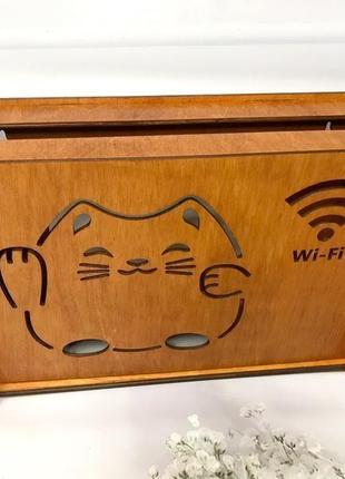 Коробка для роутера на стіну "кіт wi-fi" 30х20х8 см червоне дерево2 фото