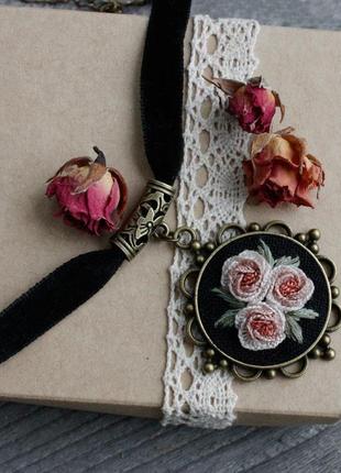 Чорний комплект кольє і сережки з агатами нарядні прикраси з квітами6 фото