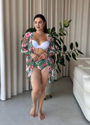 Купальник 3в1 батал бюст пуш-ап и высокие плавки принт + парео