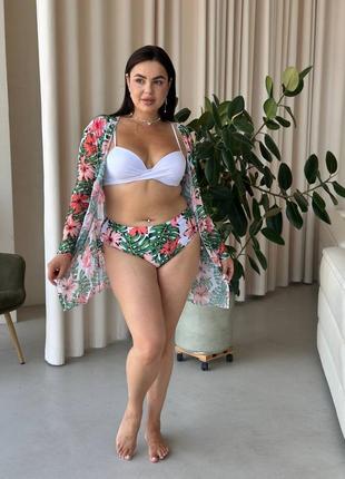 Купальник 3в1 батал бюст пуш-ап и высокие плавки принт + парео