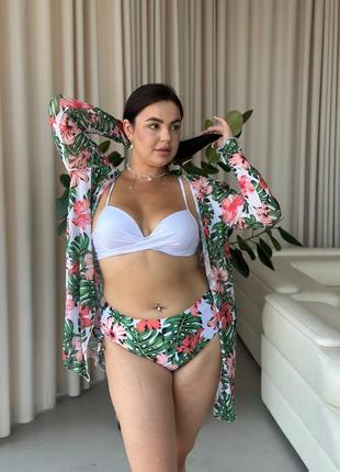 Купальник 3в1 батал бюст пуш-ап и высокие плавки принт + парео
