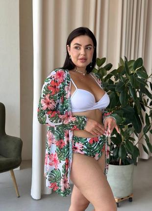 Купальник 3в1 батал бюст пуш-ап и высокие плавки принт + парео