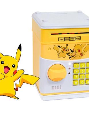 Электронная копилка сейф детская &#8220;семья покемона пикачу&#8221;, желтый сейф для детей &#8211; копилка для денег1 фото