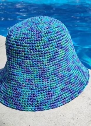 Блакитна панама із рафії від сонця, літня вязана жіноча панама капелюх2 фото