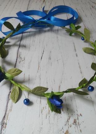 Синій вінок на голову з квітами проліски листочки2 фото
