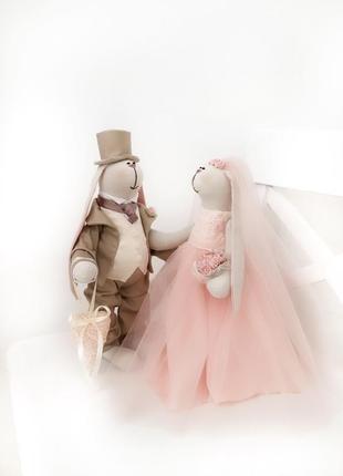 Пионовая весілля пара зайчиків тільда наречений наречена подарунок декор річниця зайчик1 фото
