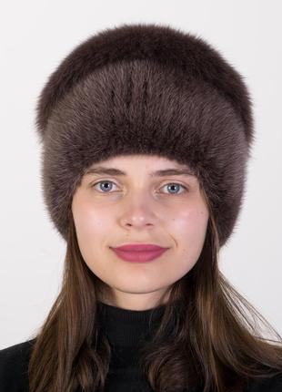 В'язана жіноча хутряна шапка норкова з помпоном з хутра песця
