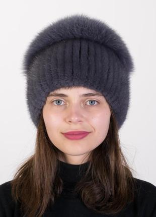 Вязаная женская меховая норковая шапка с помпоном из меха песца