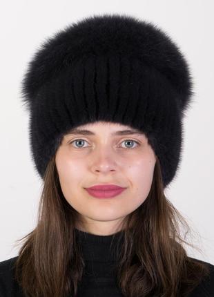 Вязаная женская меховая норковая шапка с помпоном из меха песца
