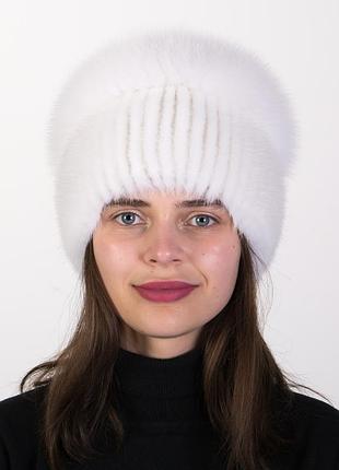 Вязаная женская меховая норковая шапка с помпоном из меха песца