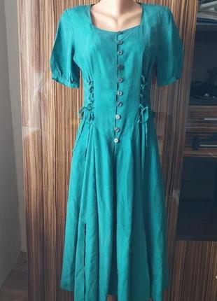 Винтажное зеленое шелковое длинное платье на пуговицах 100% шелк