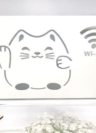 Дерев'яна коробка для роутера на стіну "кіт wi-fi" 30х20х8 см біла1 фото