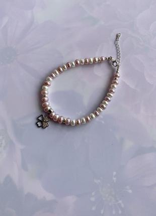 Срібний браслет із натуральних перлів із підвісом "лавандове щастя"5 фото