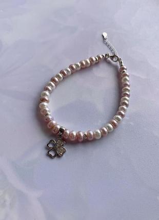 Срібний браслет із натуральних перлів із підвісом "лавандове щастя"1 фото