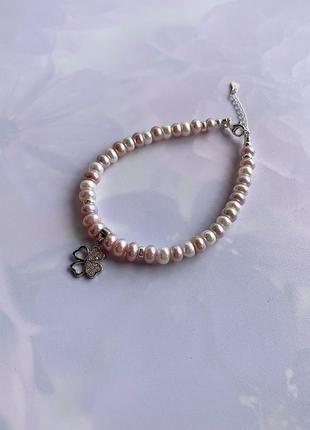 Срібний браслет із натуральних перлів із підвісом "лавандове щастя"2 фото